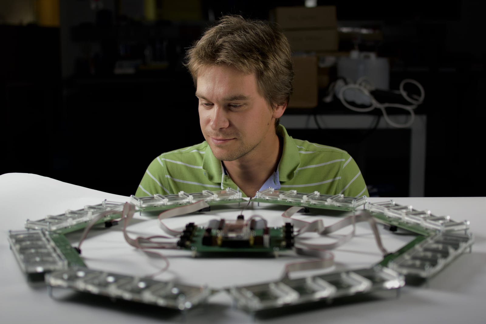 Pavel Itskov, founder of Easy Behavior, with a flyPAD array in the lab